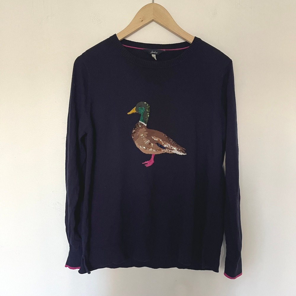 Joules Navy Blue Sequin Mallard Duck Crewneck Sweater Womens US 12 UK 16